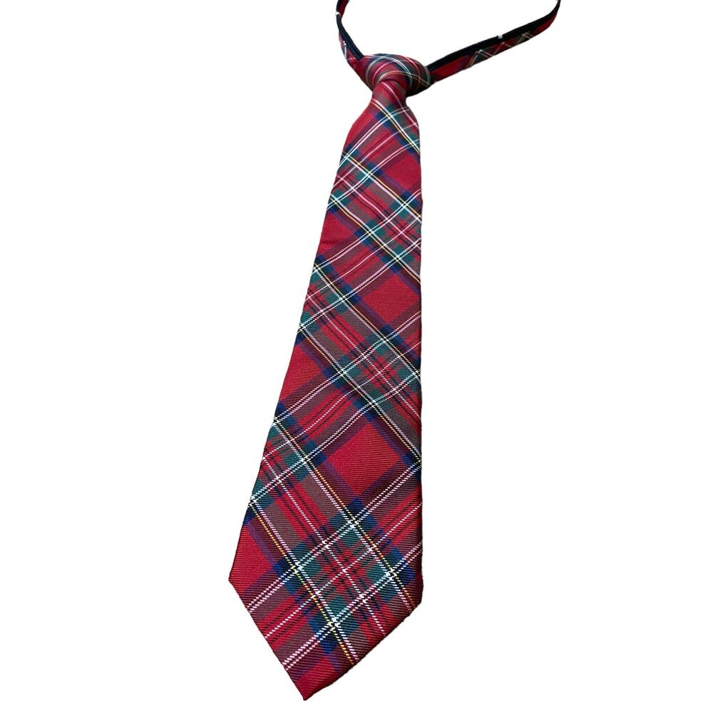 Nautica Boys Neck Tie OS 14" Red Blue Green Plaid Long Zip Neck Easy To Wear